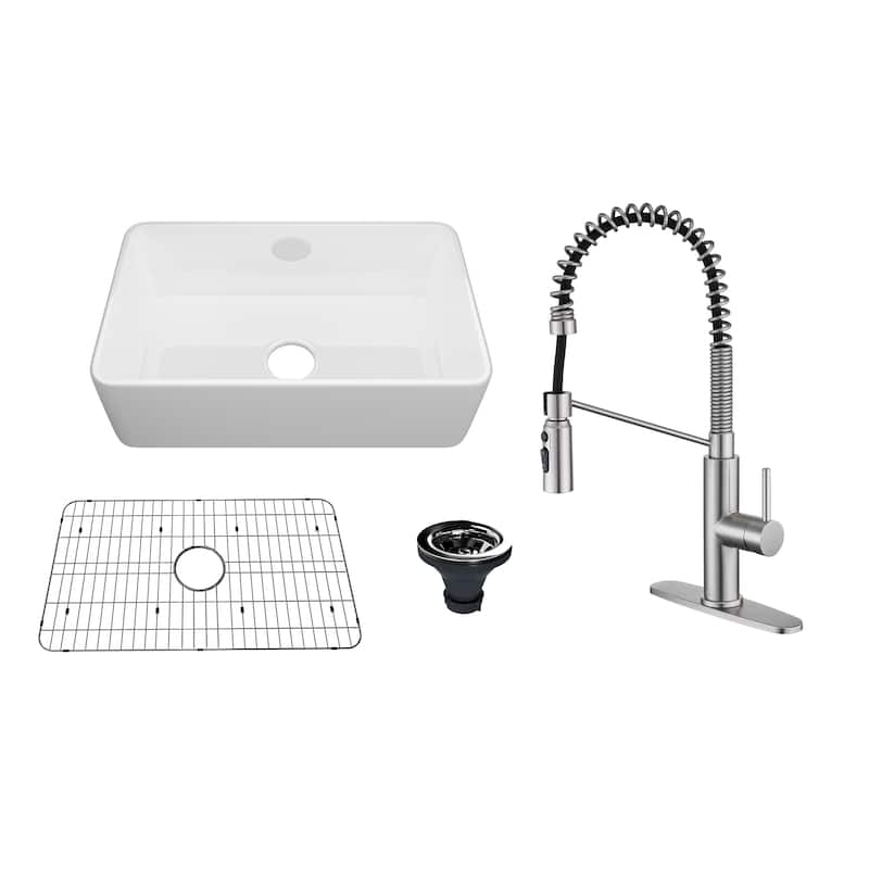 Farmhouse/Apron-Front Single Bowl Fireclay Kitchen Sink with 3-Function Pull-Down Kitchen Faucet, Grid, and Basket Strainer - 30" Glossy White Sink + Brushed Nickel Faucet - 30 x 18 x 10