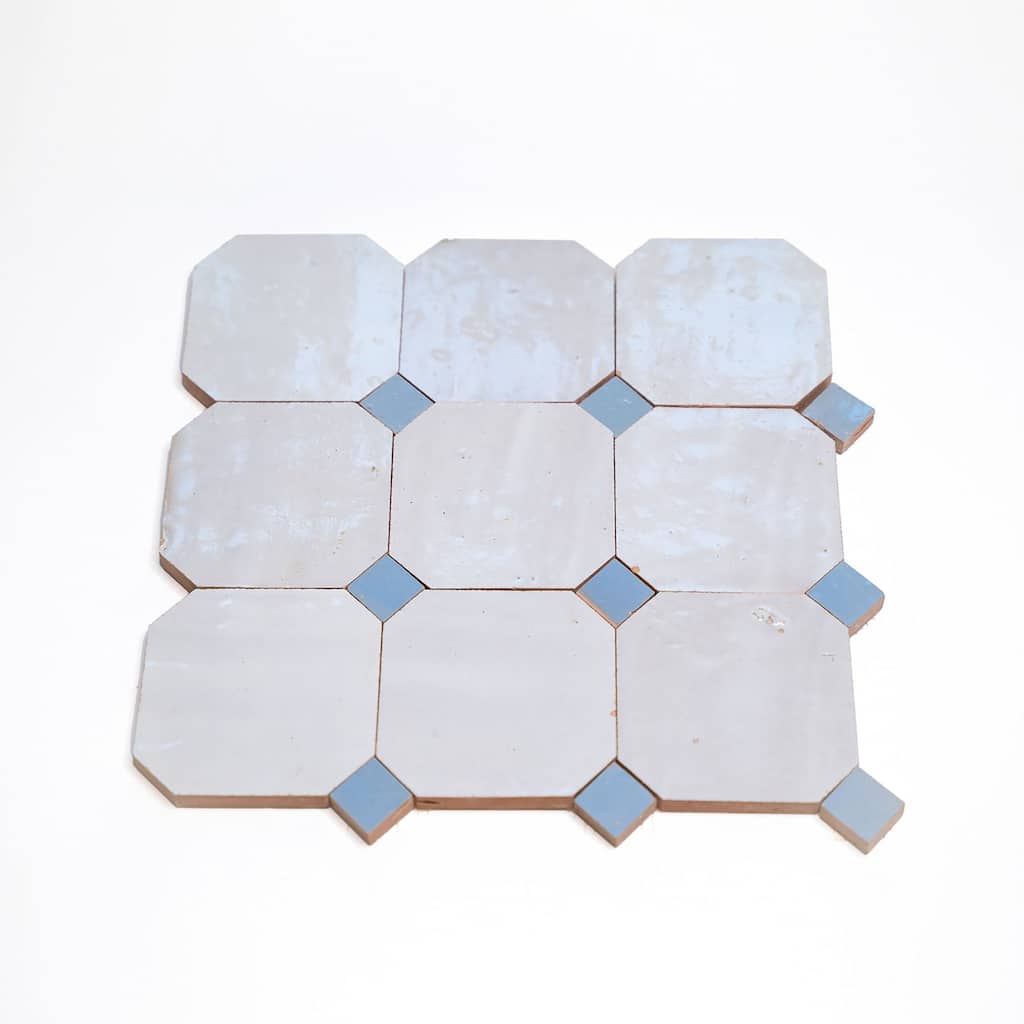 Contemporary Zellige Panels, 12''x12''x0.5'', Off White-Blue accents