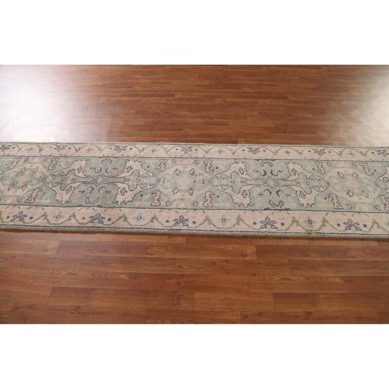 Green Oushak Oriental Runner Rug Handmade Wool Carpet - 2'6"x 10'2"