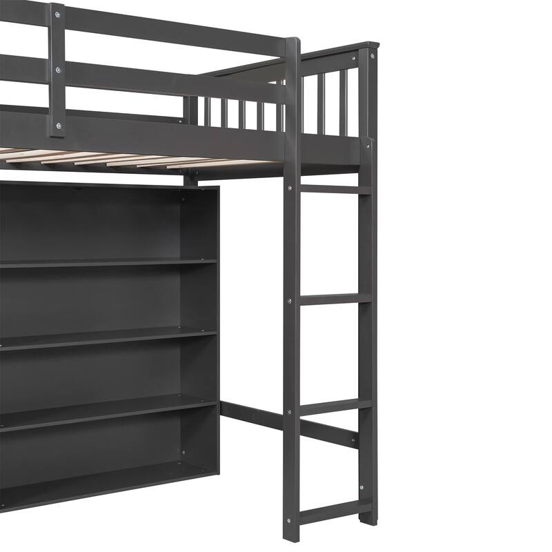Loft Bed with All-in-One 8 Open Storage Shelf and 4 Step Ladder, Wood Loft Bed Slat Support for Kids Teens