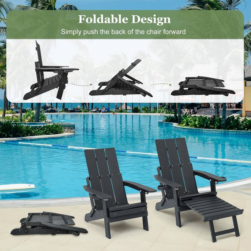 Poly Lumber Outdoor Adjustable Back Adirondack Chair with Ottoman Cup Holders and Cushion