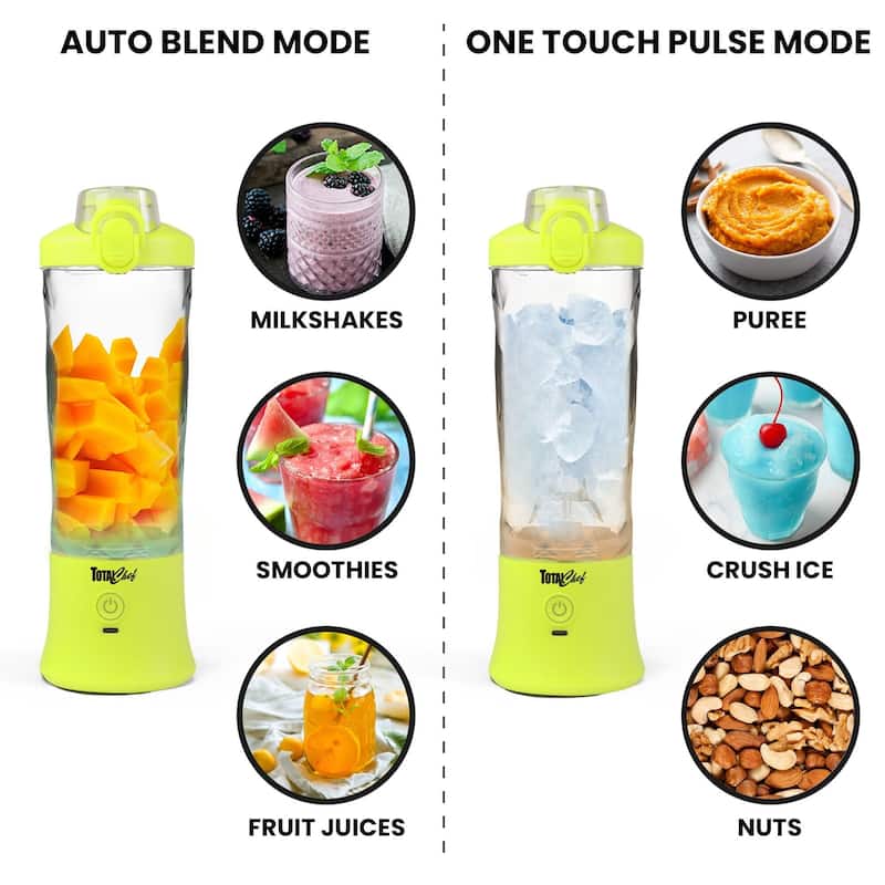 Total Chef Cordless Portable Blender, 20 oz (600 mL) Personal Blender, USB Rechargeable, Neon Green
