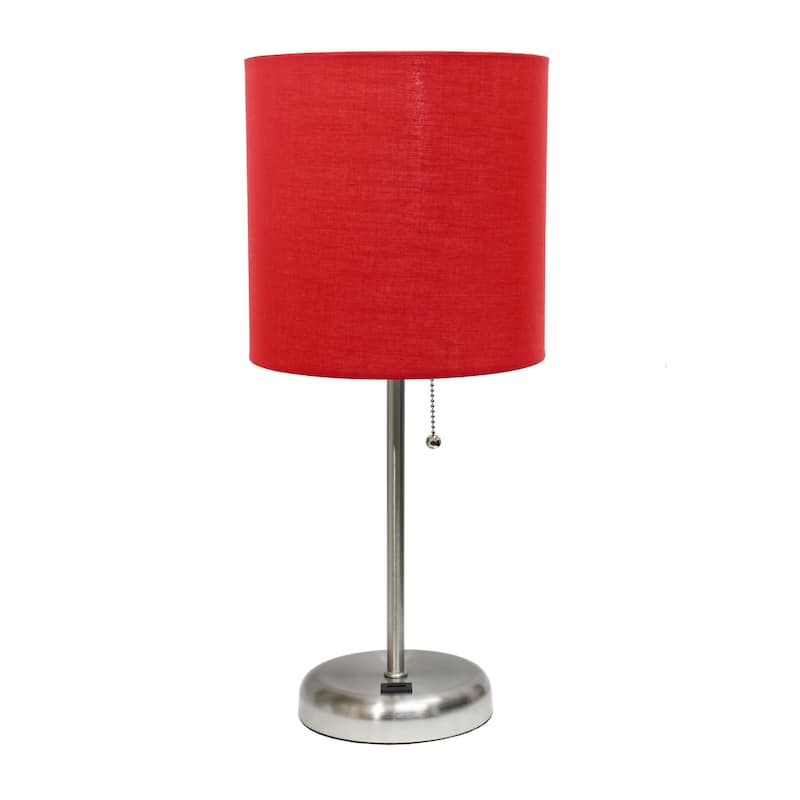 19.5" USB Port Feature Metal Lamp in Steel w Aqua Shade - Brushed Steel/Red Shade