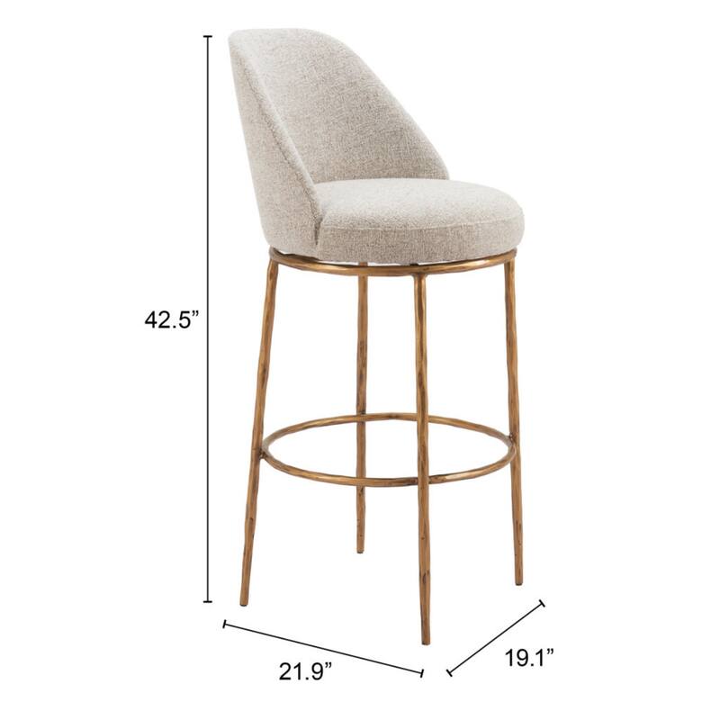 32 Inch Beige Gold Swivel Bar Chair with Steel Frame and Footrest - 21.9”x 19.1” x 42.5”