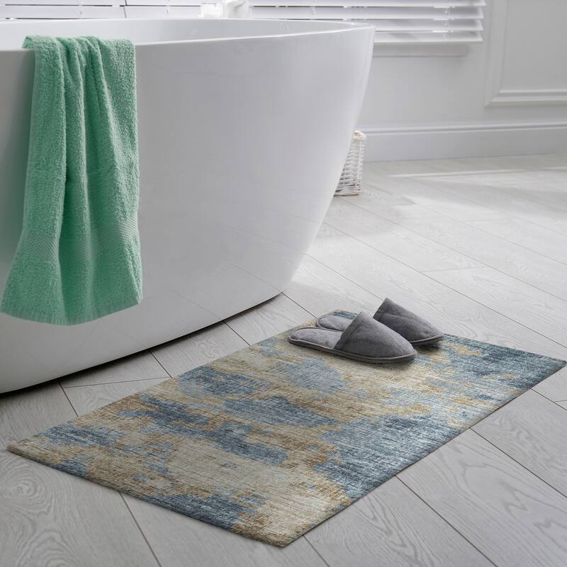 Indoor/ Outdoor Accord Modern Waves Washable Rug New - 1'8" x 2'6" - Denim Gold Silver