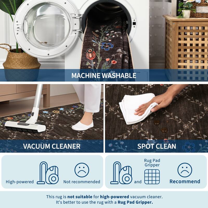 Floral Area Rugs for Living Room Low Pile Non Slip Rugs Washable Soft Foldable Accent Carpet Home Decor