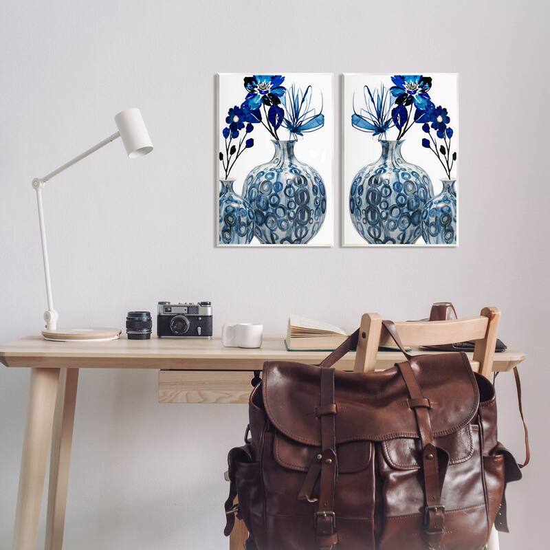 Stupell Bold Blue Ikebana Patterned Vase 2 Piece Wall Plaque Art Set by Jesse Keith