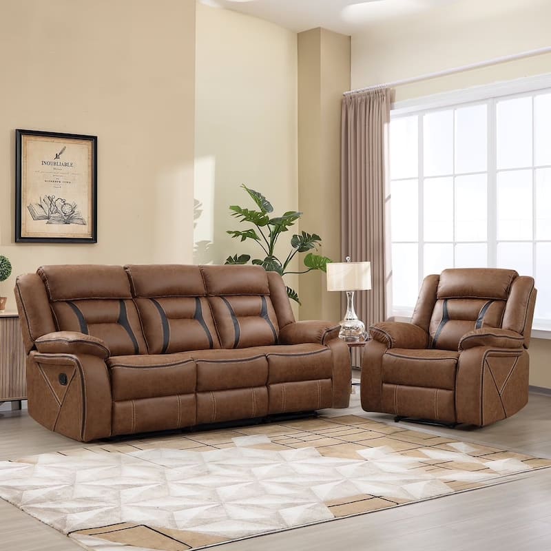Manual Recliner Sofa Set, Faux Leather Reclining Living Room Furniture Set - Brown - 1+3 set