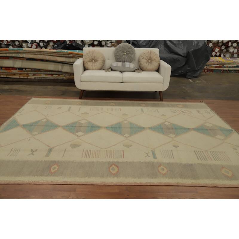Hand Woven Oriental 100% Wool Carpet Southwestern Tribal Beige & Ivories Kilim Area Rug - 9' 10'' X 8' 0''