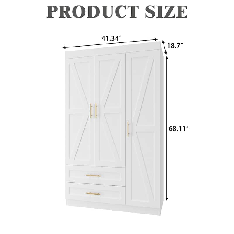 Classic Three-Door Wardrobe,Wood Bedroom Armoire with Hanging Rod and Shelves,Spacious Storage Closet,Modern Farmhouse Design