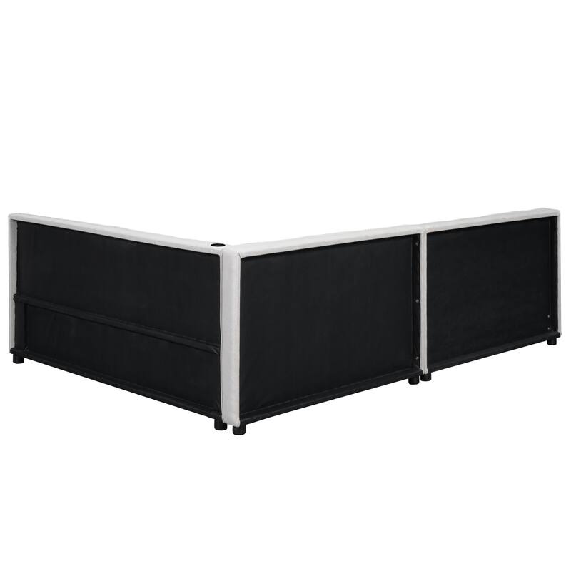 Beige Queen Size Linen Upholstered Low Platform Bed Frame with USB Ports