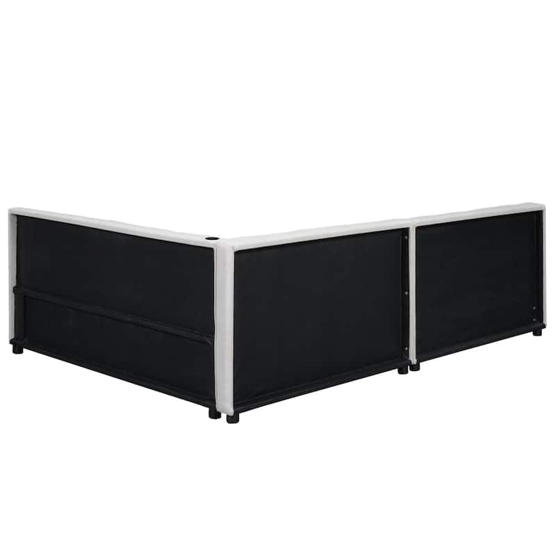 Upholstered Queen Size Platform Bed with USB Ports, Beige