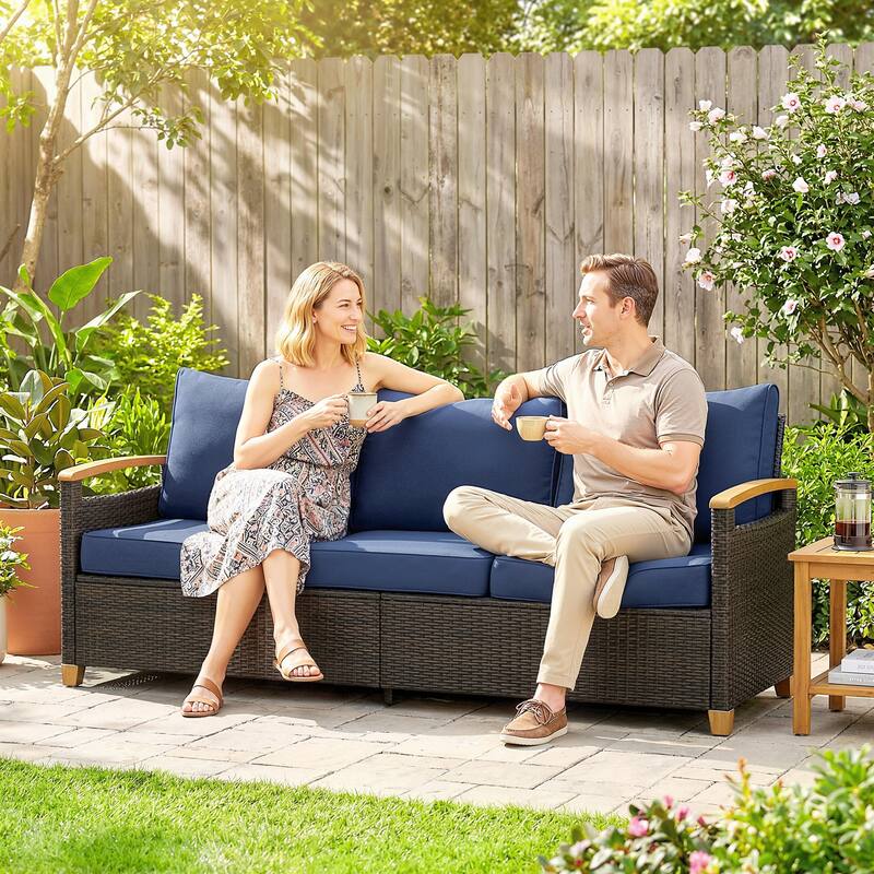 Outsunny 3 Seater Outdoor Couch Sofa, PE Wicker Patio Couch with Wide Deep Seating, 4" Foam Cushions
