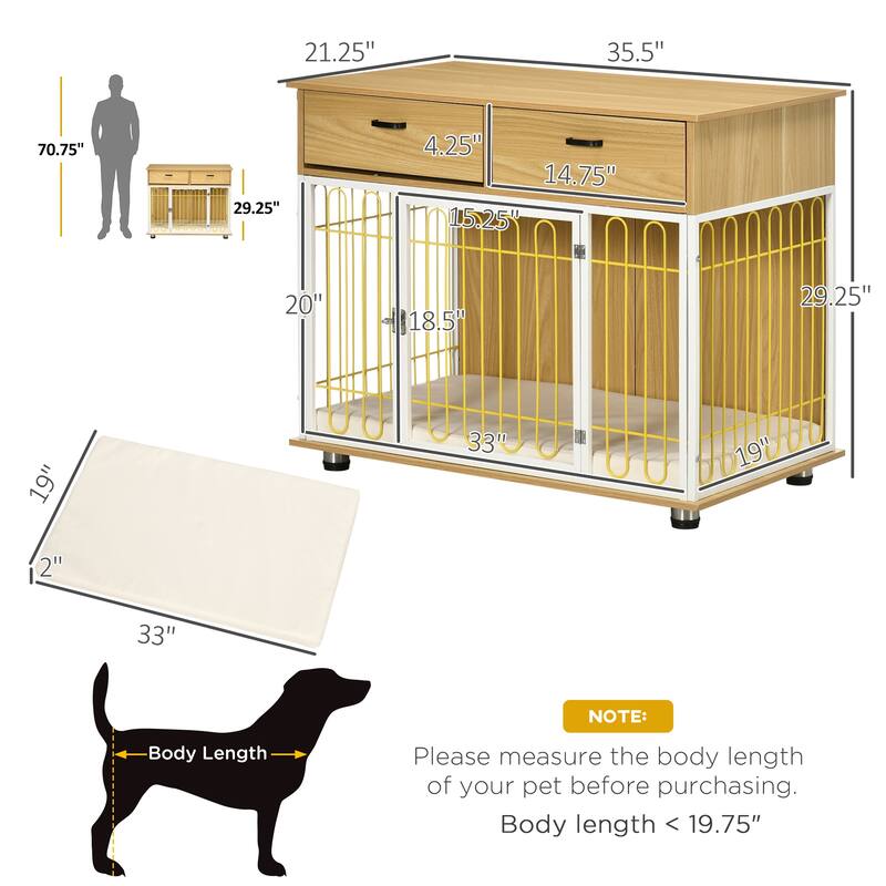 PawHut Dog Crate Furniture with 2 Drawers, Furniture Style Dog Crate End Table Indoor with Soft Cushion, Door for Medium Dogs