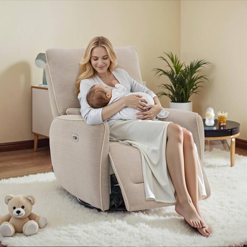 MCombo Power Swivel Rocker Recliner with Lumbar Support, Electric Nursery Glider Recliner Chair - Fabric-Beige