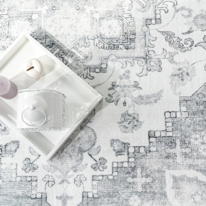 Vintage Designer Rug Bordered with Faded Oriental Look