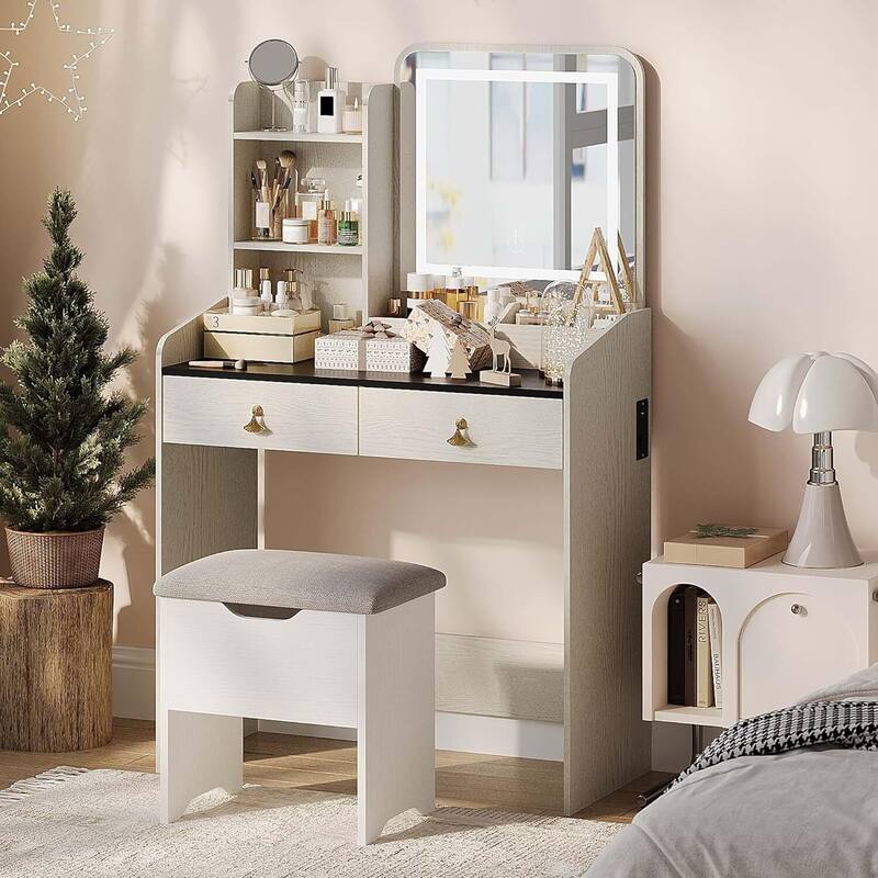 2 Drawers Makeup Vanity Table with LED Light Mirror and Charging Station