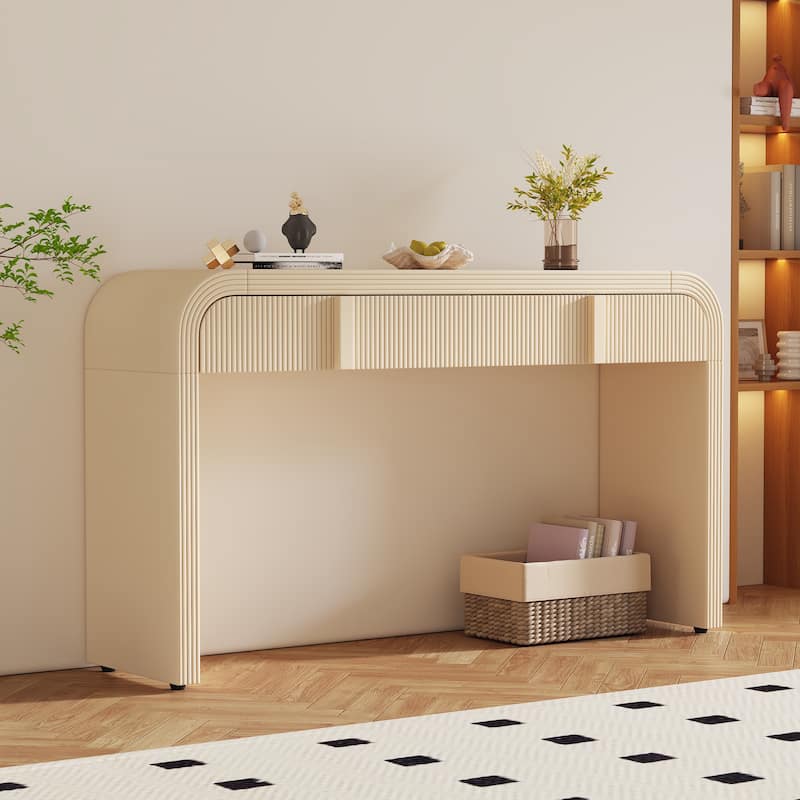 Fluted Console Table with 2 Storage Drawers, Wood Modern Curved Entryway Table with Storage for EntryWay, Hallway - Apricot Cream