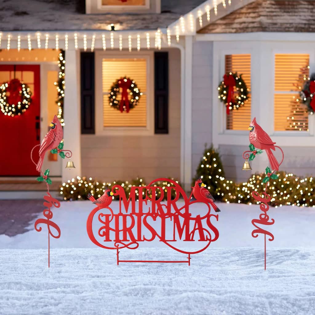 Glitzhome Metal Cardinal MERRY CHRISTMAS or JOY & NOEL with Bell Yard Stakes Xmas Outdoor Decorations