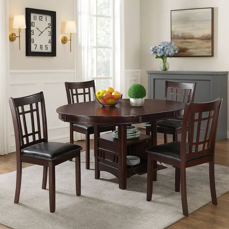 5 Piece Dining Set, 42 Inch Round Extendable Table With 4 Chairs, Espresso