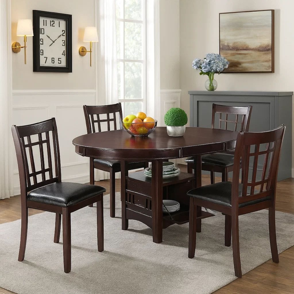 5 Piece Dining Set, 42 Inch Round Extendable Table With 4 Chairs, Espresso