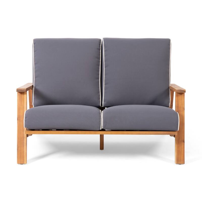 Eddy 2pc Patio Loveseat and Coffee Table Set, Brown Acacia Wood, Gray