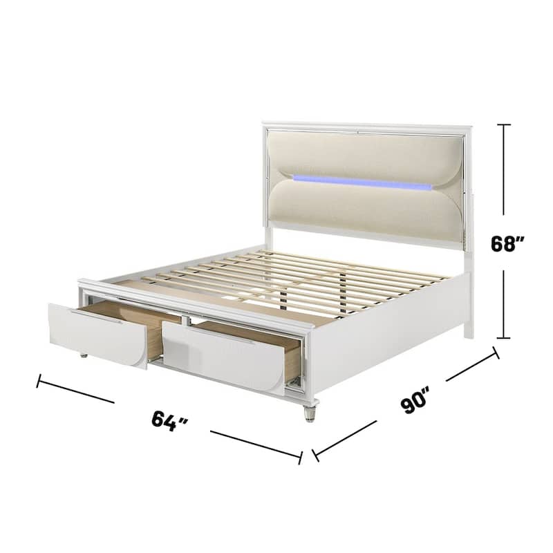 Boucle Upholstered Eastern King Bed with LED Light in White and Pearl White