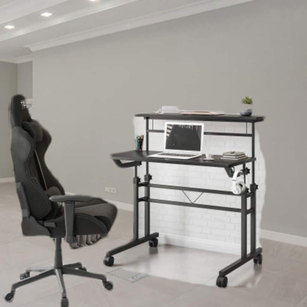 Adjustable Rolling Desk with Dual Surfaces, Carbon Fiber-Like Texture, Locking Wheels, and Integrated Storage for Home Office