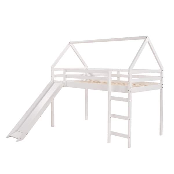 slide 2 of 9, Wood Twin Size Loft Bed with Slide & Ladder, Solid Wood Loftbeds Frame with Safety Guardrail & Roof for Kids Teens Boys or Girls White - Twin