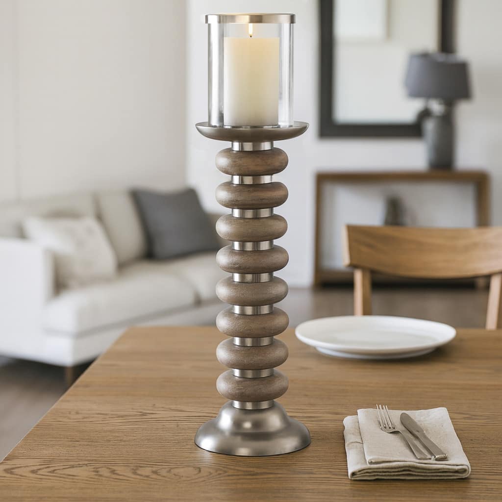 Candle Holder - Pillar with Wood Ring Base