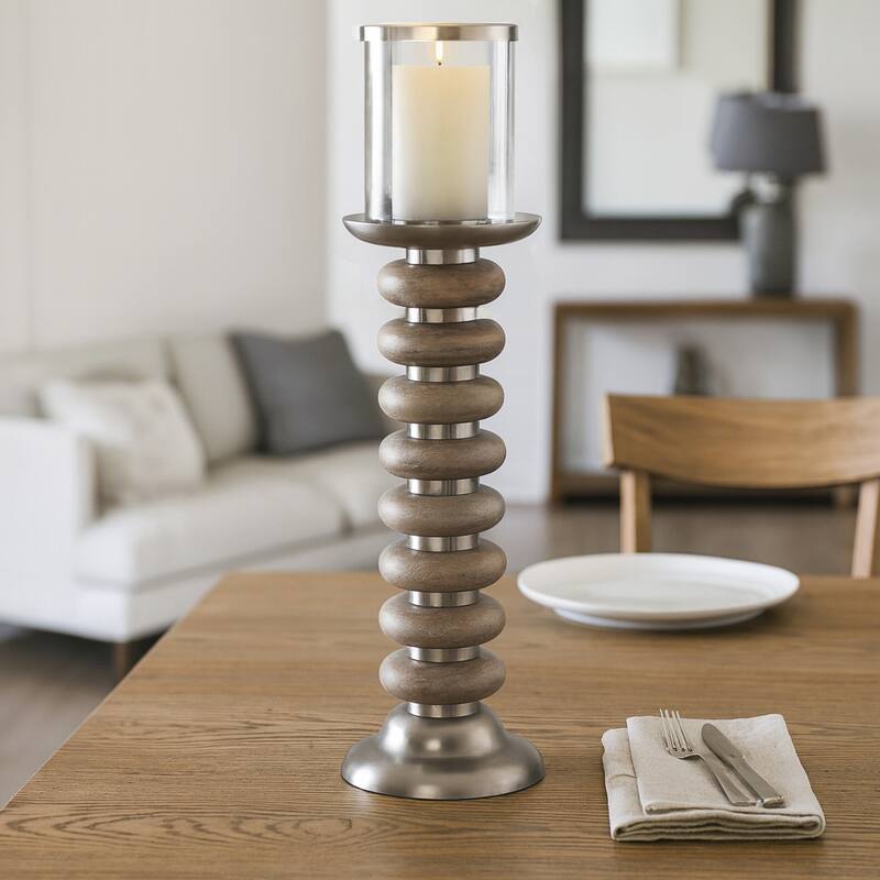 Candle Holder - Pillar with Wood Ring Base - 20.0"