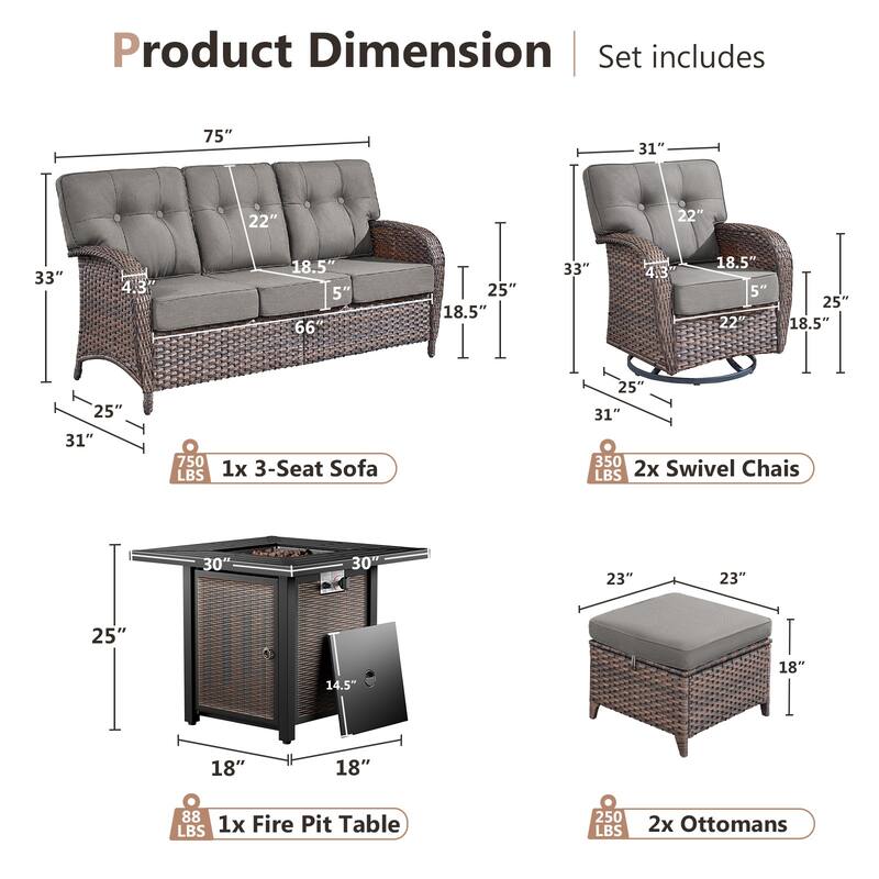 Pocassy Outdoor 30 In Fire Table with Sofa Patio Swivel Chair Set