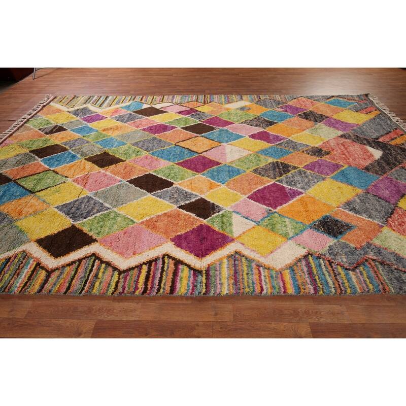 Colorful Trellis Plush Moroccan Area Rug Hand-Knotted Wool Carpet - 8'5" x 13'1"