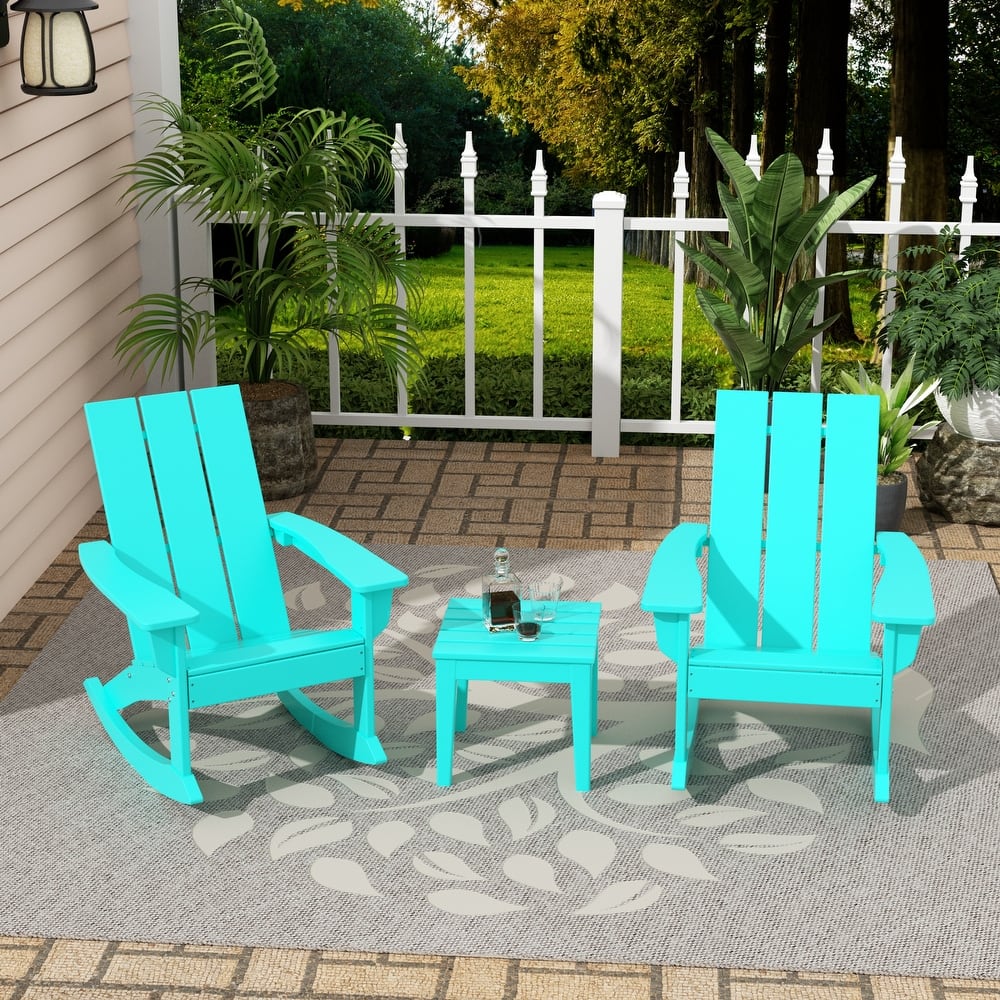 Shoreside Modern Eco-Friendly All Weather Poly Adirondack Rocking Chairs with Side Table (3-Piece Set)