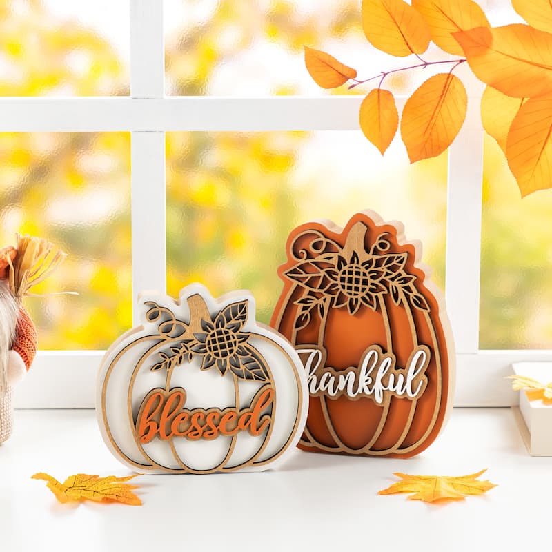 Glitzhome 8"H Set of 2 Fall Thanksgiving Wooden Pumpkin Table Decor - Multi
