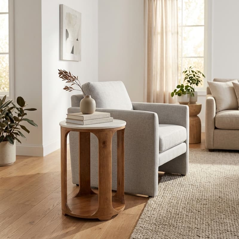 Modern Round Stone Top Accent Table with Wood Base - 22", Brown - 22.0" - Tan/ Brown