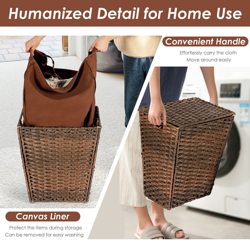 Gymax Handwoven Laundry Hamper Foldable w/Removable Liner, Lid & - 17.5'' X 12'' X 21''