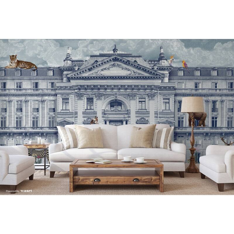 Zoo Animals Urban Safari Wallpaper Mural - Blue - W:204" x H:110"