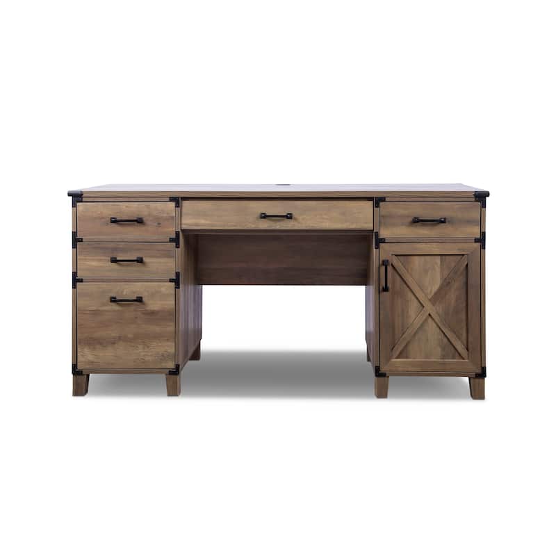 HomeRoots 59" Natural Wood Executive Desk With Five Drawers