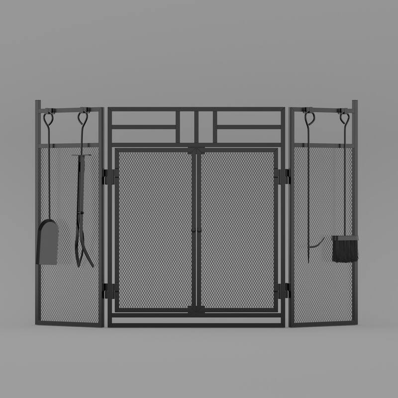 3-Panel Fireplace Screen with Doors and Tools Set, Wrought Iron Mesh Spark Guard for Indoor Fireplace Safety