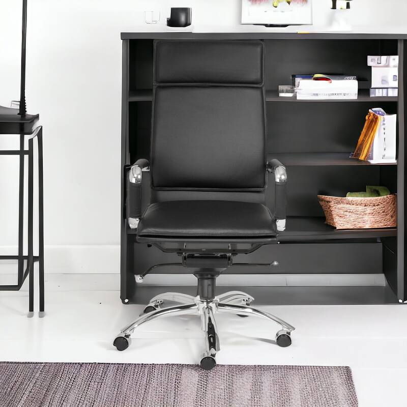 HomeRoots Black and Silver Adjustable Swivel Leather Rolling Office Chair