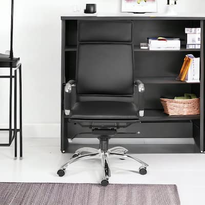 HomeRoots Black and Silver Adjustable Swivel Leather Rolling Office Chair