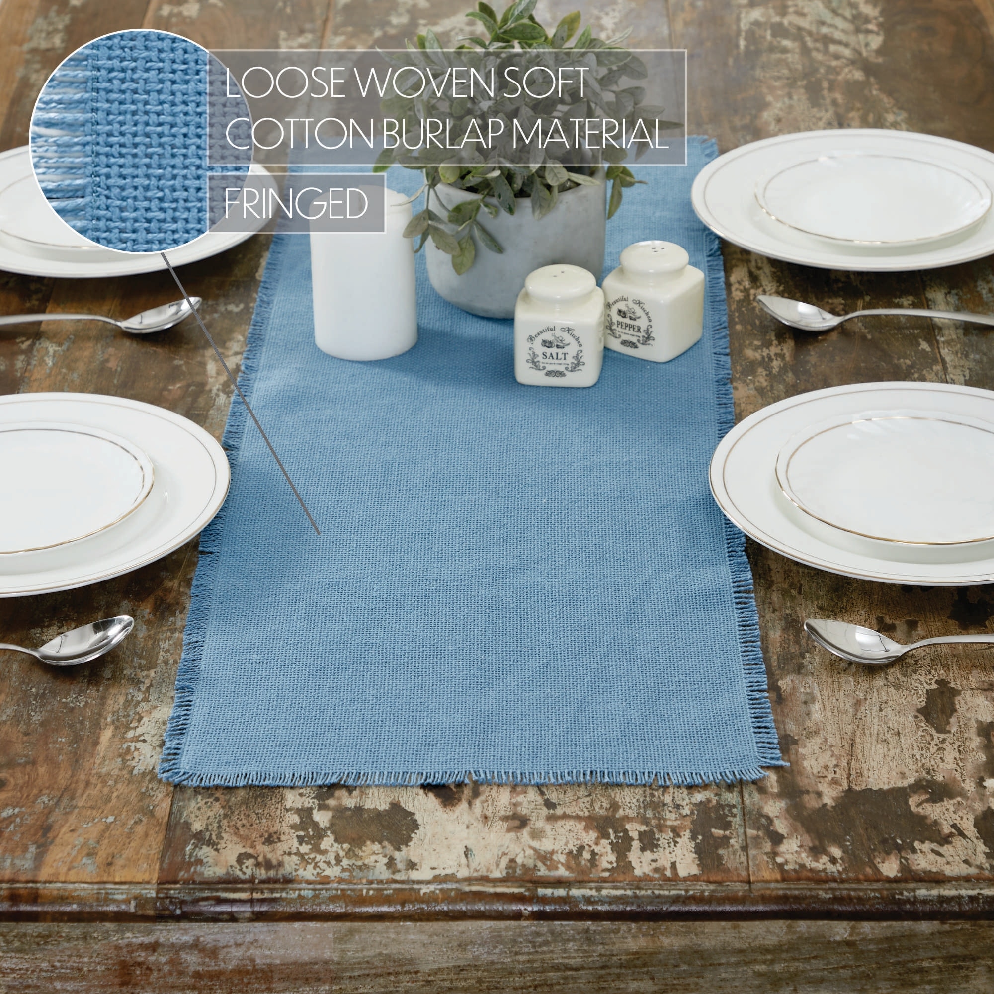 Burlap Blue Runner Fringed