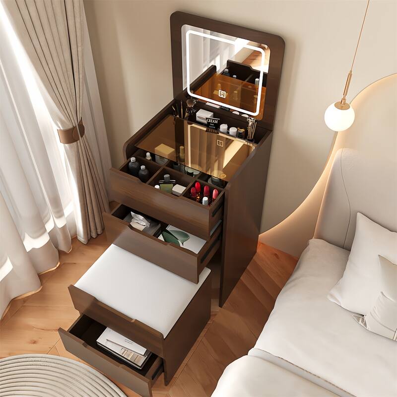 3 In 1 Vanity Desk w/ Plip Top Mirror,Visible Glass Desktop,3 Drawers