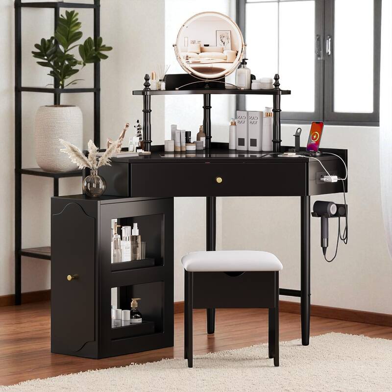Modern Corner Makeup Vanity Desk with Stool, Charging Ports, Glass Tabletop, Removable Side Cabinet, Drawer & Storage Shelves - Black
