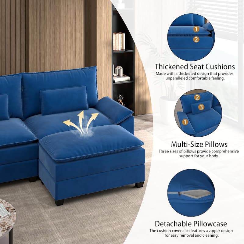 Kullavik Cloud Chenille L-Shaped Sofa, Modular Sectional Sofa with Ottoman, Throw Pillows and Double Layered Cushion
