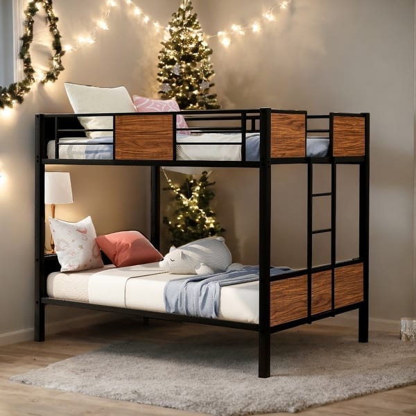 slide 2 of 16, Unique Style Full-Over-Full Bunk Bed Modern Style Steel Frame Bunk Bed With Safety Rail, Built-In Ladder,Functional Bunk Bed Brown