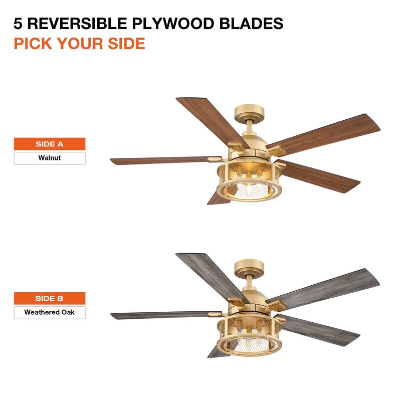 52" Gold Mesh Reversible 5-Blade LED Ceiling Fan with Remote