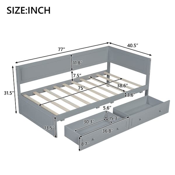 dimension image slide 0 of 2, Twin Size Daybed with 2-Storage Drawers and Guardrail, Solid Pine Frame, No Box Spring Required, Beige Vintage Style for Bedroom