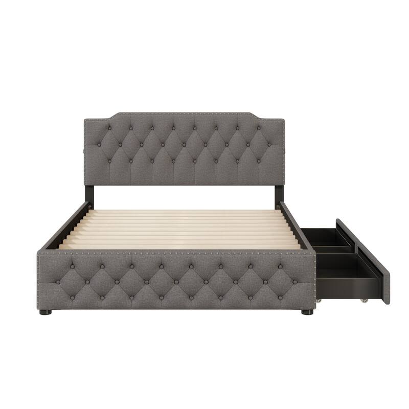 Linen Upholstered Platform Bed Button-Tufted Headboard Wood Panel Bed Frame with 2 Drawers or Trundle Bed, USB on Both Sides